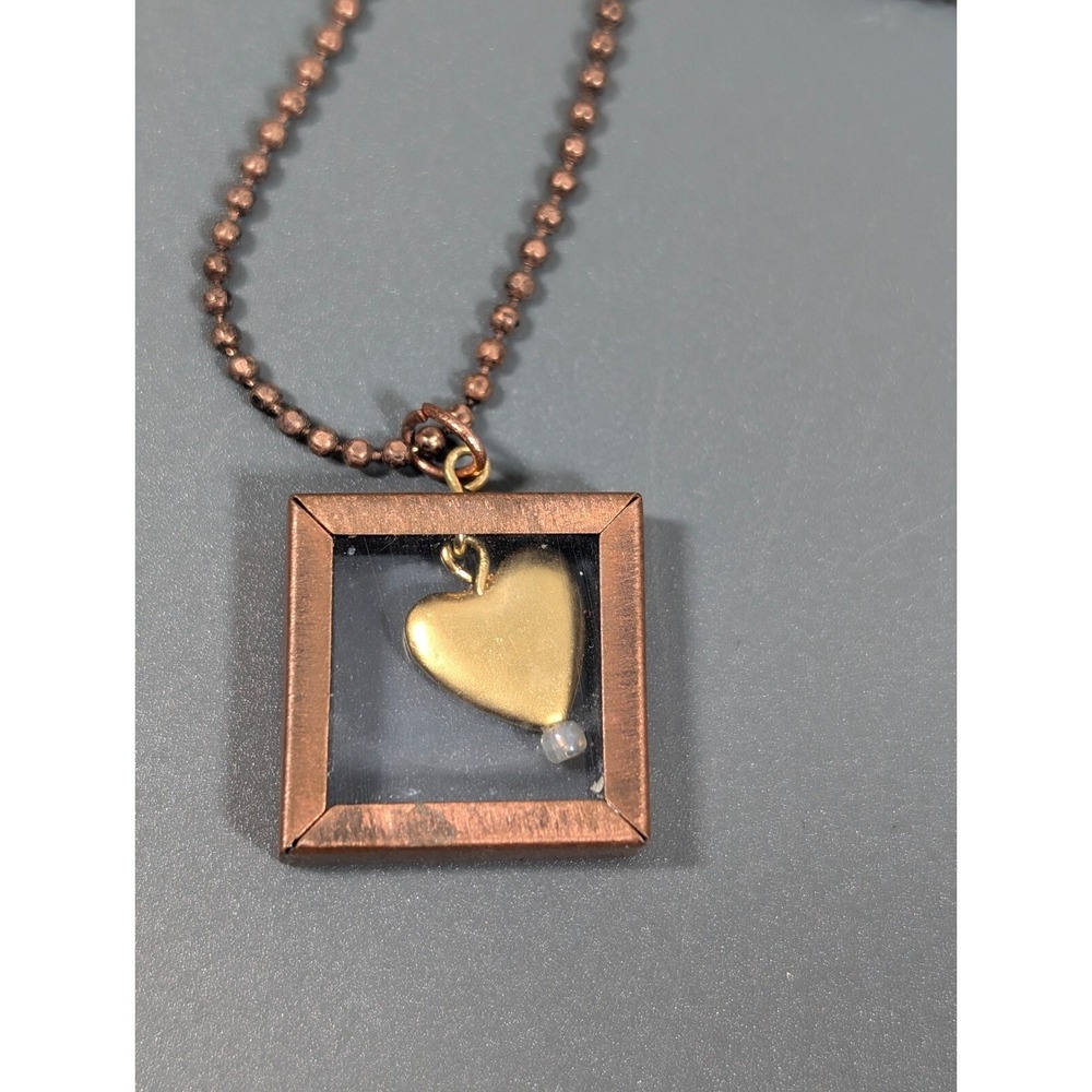 Two Tone Brass Copper Heart Pendant Necklace Square Frame 24"